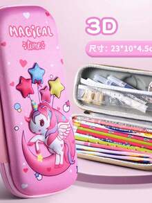 1pc Girls Pink 3D Unicorn Moon Pattern Hard Shell Fabric Closure Large Capacity Dreamy Pencil Case, Desktop Stationery Storage Box, Suitable For Students School Back To School Use, Perfect Gift For Friends - Unicorn - View 5