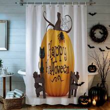 1pc Halloween Pumpkin Black Cat Shower Curtain, Vintage Design, Waterproof Bath Curtain, Suitable For Bathtub Partition, Bathroom Decor And Bathroom Accessories, Home Decor Gift - Multicolor - View 2