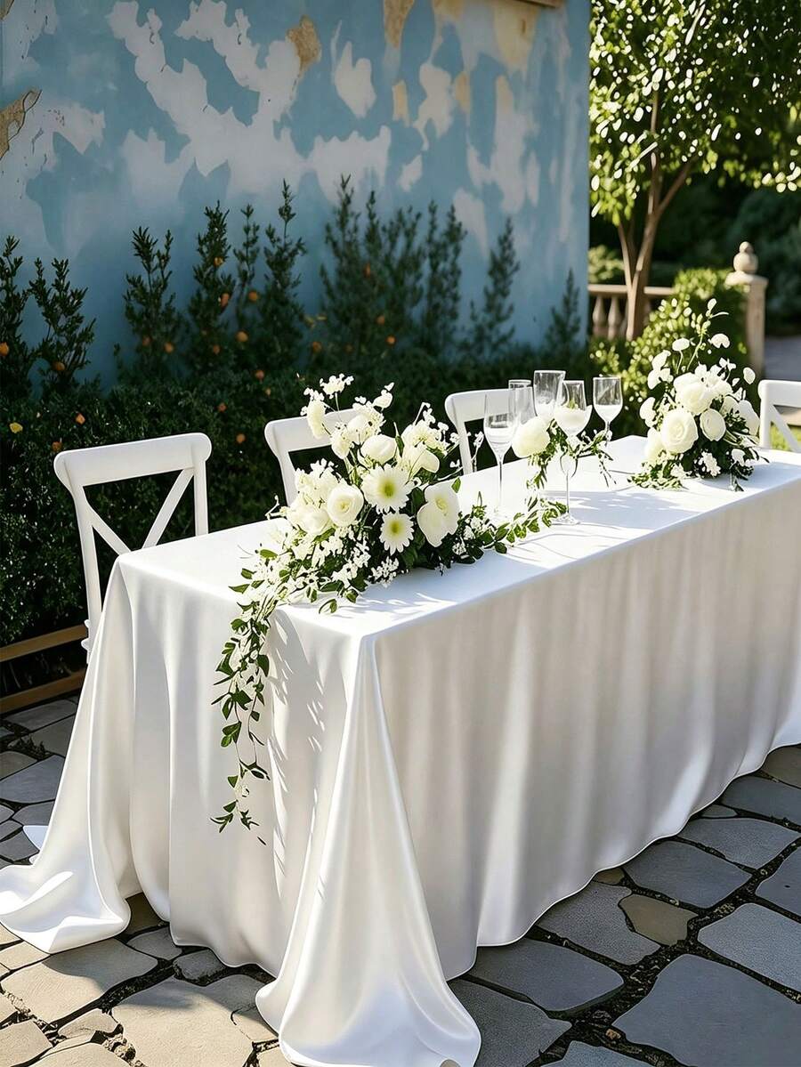1pc Satin Tablecloth, Rectangular Sequin Silk Tablecloth, Smooth Fabric, Suitable For Wedding Banquet Party Events, White, Room Decor