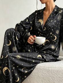 2pcs Women's Satin Loungewear Set, Star & Moon Print Long Sleeve Deep V-Neck Lapel Top + Loose Pajama Pants - Black - View 4