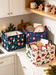 1PCFestive Christmas Style Square Storage Basket With Gnome Xmas Print& Reinforced Handle Detail,Foldable For Space‑Saving Organization,Household Sundries Storage Bin,Desktop Organizer Container,Suitable For Christmas Winter Bedroom Home Use - Multicolor - View 2