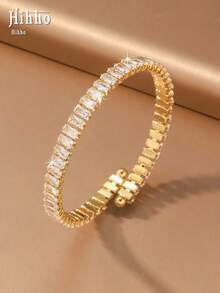 Hihho 1pc Luxury Sparkling Rhinestone Expandable Bracelet, Minimalist Versatile Layering Bracelet, Suitable For Commute And Party - Gold - View 4