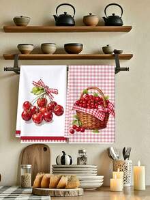 2pcs Sweet Country Style | Red Cherry Plaid Kitchen Tea Towels, Soft Absorbent Microfiber Hand Towels, Suitable For Kitchen Decor, Dining Table Decor, Bathroom Decor Towel Set, A Warm Gift For Friends And Family - Multicolor - View 4