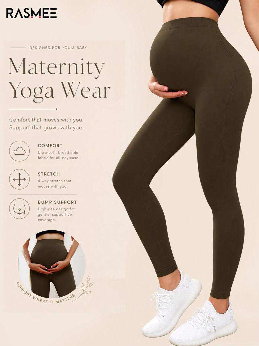 Maternity High Waist Seamless Elastic Solid Color Leggings, Suitable For Casual Daily Wear - Camel - View 1