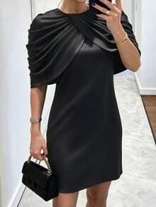 Autumn/Winter Solid Color Ruched Shawl Collar Long Sleeve Fitted Short Dress, Elegant Commute Date Street Style Afternoon Tea Party Dress, Black - Black - View 6