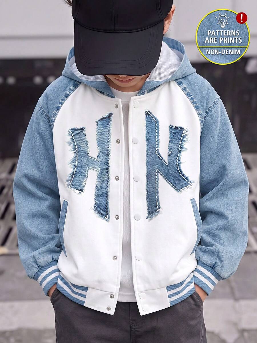 Jaket Baseball Berkerudung Anak Laki-laki Musim Semi/Gugur, Jaket Anak dengan Efek Denim, Cetakan Digital Blok Warna, Huruf, dan Kancing Jepret. - Biru - View 1