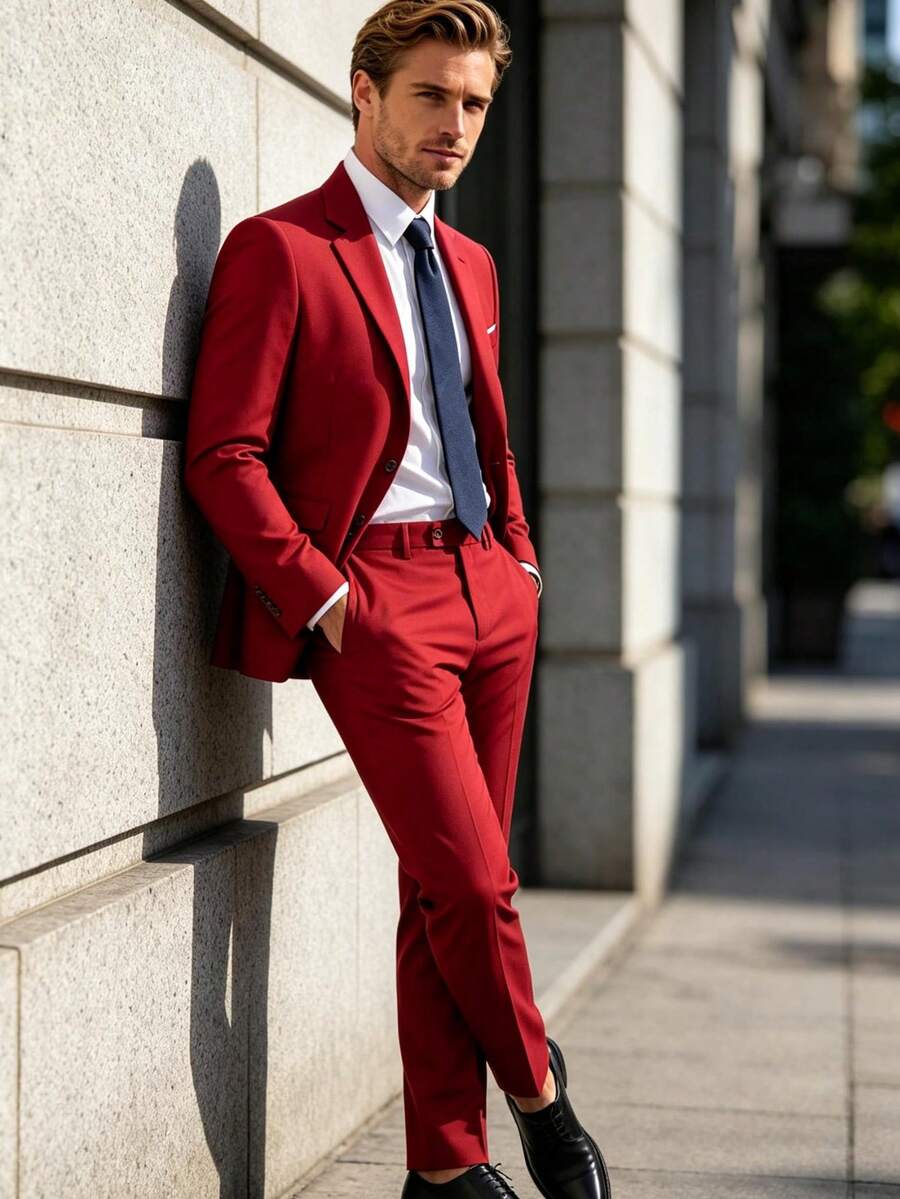 男士 2 件套西裝商務正式修身西裝外套與長褲套裝,休閒日常婚禮通勤搭配套裝 - 紅色 - 查看 1
