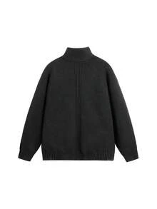 Vintage Minimalist Casual Ribbed Knit Zip-Up Cardigan Jacket, Everyday Versatile Commuter Style, Unisex Spring/Autumn - Black - View 3