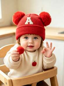 1pc A-Z Letter Double Pom Pom Knitted Hat, Newborn Autumn/Winter Warm & Cold-Proof Hat, Suitable For 0-3 Years Old Baby Daily Wear - Red - View 3
