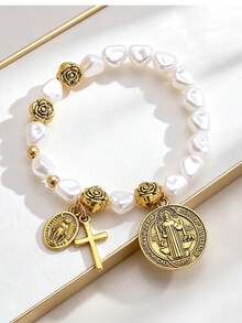 1pc Beaded Flower Cross Virgin Mary Charm Bracelet, Fashionable Vintage Style, Suitable For Daily Wear, Jewelry Gift - Cross Bracelet 1 - View 5