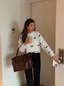 Women's White Round Neck Heart Pattern Long Sleeve Knit Sweater, Loose Casual Pullover, Comfortable Autumn/Winter Daily Street Style - Apricot - View 8