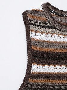 ACKCER Women's Spring/Autumn Mixed Brown & White Horizontal Striped Hollow Round Neck Fitted Sleeveless Knit Vest - Multicolor - View 8