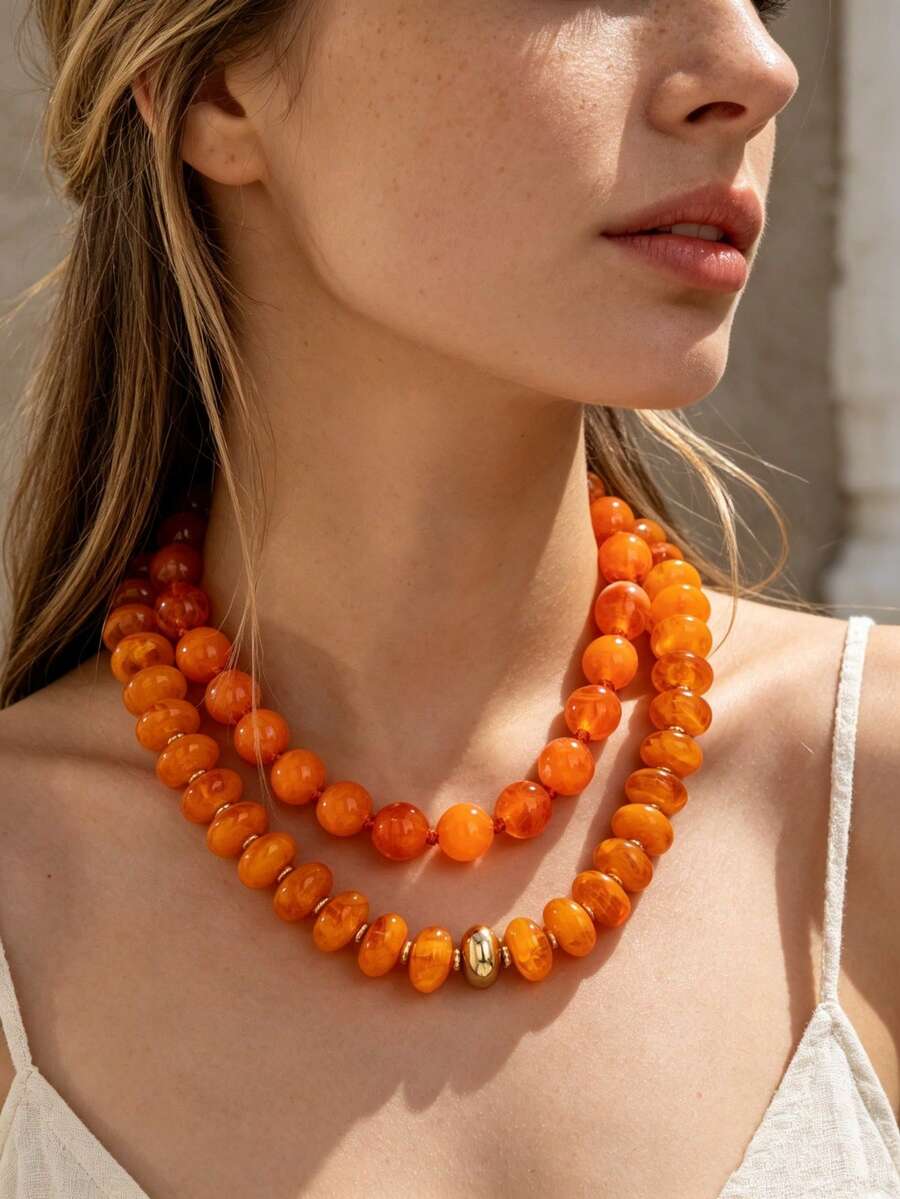 OABE 2pcs/Set Bohemian Style Orange Beaded Necklace Set With Round And Oval Beads Suitable For Women's Daily Wear - Orange - View 1