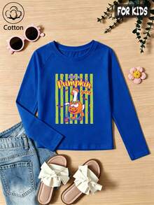 Halloween Girls Cotton Raglan Long Sleeve T-Shirt, Cartoon Pumpkin Skateboard Print, Cute Sweet Preppy Style - Colorful Orchid - View 3