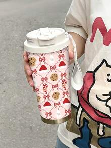 1pc/5pcs 500ml Pink Christmas Dessert Travel Mug, Double-Wall Stainless Steel Insulated Cup, Christmas Hat, Candy Cane, Cookie And Bow Holiday Print Design, Portable Coffee Cup With COFFEE Printed Lanyard, Suitable For Daily Commute - Pink - Christmas Hat Cookies - View 5