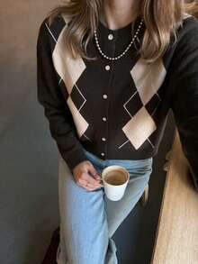 FOR BEAUTY Women's Autumn/Winter Y2K Retro Preppy Brown Argyle Knit Cardigan Sweater, Button-Front Top, Streetwear Style Fall - Coffee and Apricot - View 3
