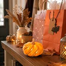 Decorative Artificial Pumpkin Ornament, Stylish Stripe Design Tabletop Decoration, Festive Display Decor For Halloween, Thanksgiving, Autumn Home Party Decor - Multicolor - View 3