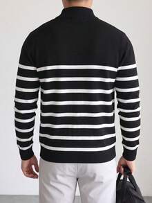 Men's Vintage Striped Half-Zip Sweater, Black & White Contrast Color, Stand Collar, Loose Fit, Casual, Autumn/Winter, Commute, Knit Long Sleeve Pullover - Black - View 5