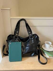 Vintage Minimalist Large Capacity Fashion Student Work Commute Tote Bag - Black - View 4