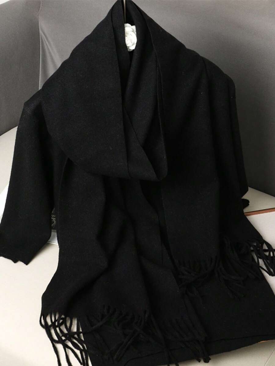 1pc Solid Color Fluffy Synthetic Cashmere Tassel Scarf, A Fashionable Windproof Shawl For Ladies, Suitable For Daily Wear In Autumn/Winter, For Matching With Outfits. - Black - View 1