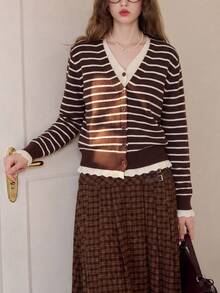 Women's Autumn Casual Elegant Classic Striped 2 In 1 Knit V-Neck Cardigan - Coffee Brown - View 6