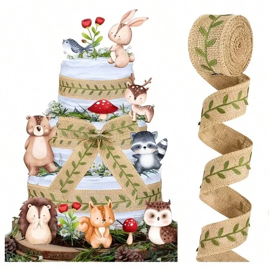 1pc Green Leaf Burlap Decorative Ribbon, Suitable For Gift Wrapping, Handmade DIY Crafts, Jungle Theme Party Decoration Ribbon