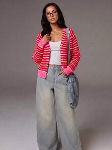 Women's American Retro Colorful Striped Cardigan Sweater, Button Front Round Neck Knit Top, Long Sleeve Casual Preppy Commuter Jacket Red - Red - View 8