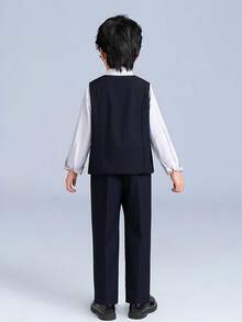 YOKLUN Young Boys Gentleman 3 Pieces Set Asymmetric Single-Button Vest With Straight-Leg Dress Pants And Polka Dot Bow Tie, Suitable For Stage Performance And Banquet - Navy Blue - View 5