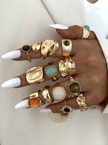 13pcs/7pcs/6pcs Vintage Elegant Casual Women's Colorful Gemstone & Brown Tiger Eye Asymmetrical Geometric Sun Multi-Element Gold Ring Set, Suitable For Autumn/Winter Daily Wear, Party, Vacation, Holiday Gift - Gold - View 5
