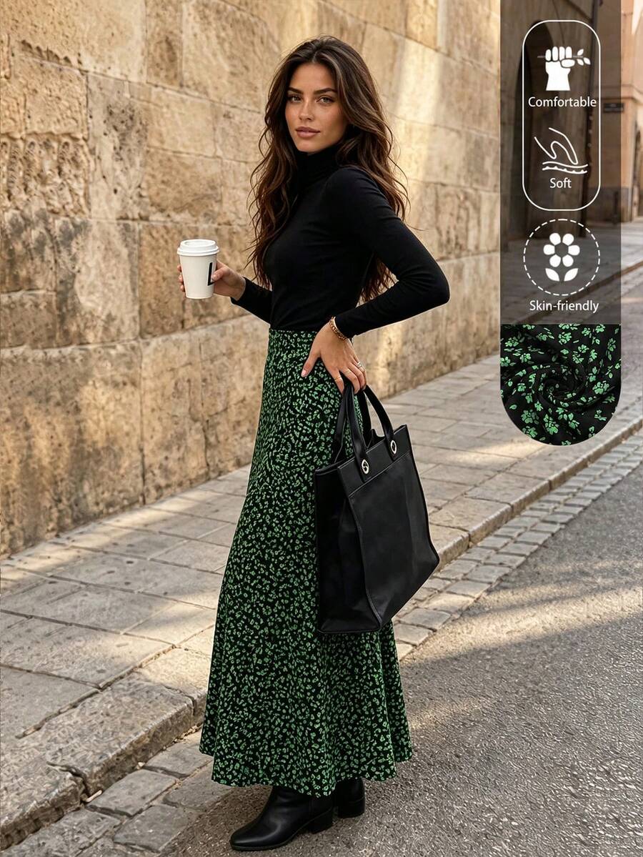 EARO Women's Spring/Summer Ditsy Floral High Waist A-Line Flowy Chiffon Midi Skirt, Casual Outing Outfit - Green - View 1