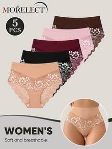 Morelect 5pcs Women's High Waist Lace Patchwork Triangle Panties, Breathable & Lightweight, Suitable For Spring/Summer Wear - Multicolor - View 5