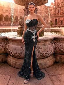 LUVISTRUE Women's Elegant Rhinestone Mermaid Formal Evening Gown, Strapless Bridesmaid Ball Wedding Guest Spring/Summer Cocktail Party Gala Long Dress Fall - Black - View 5
