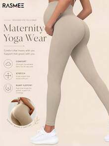 Maternity Seamless High Waist Stretchy Solid Color Tight Leggings, Suitable For Daily Casual Wear - Apricot - View 1