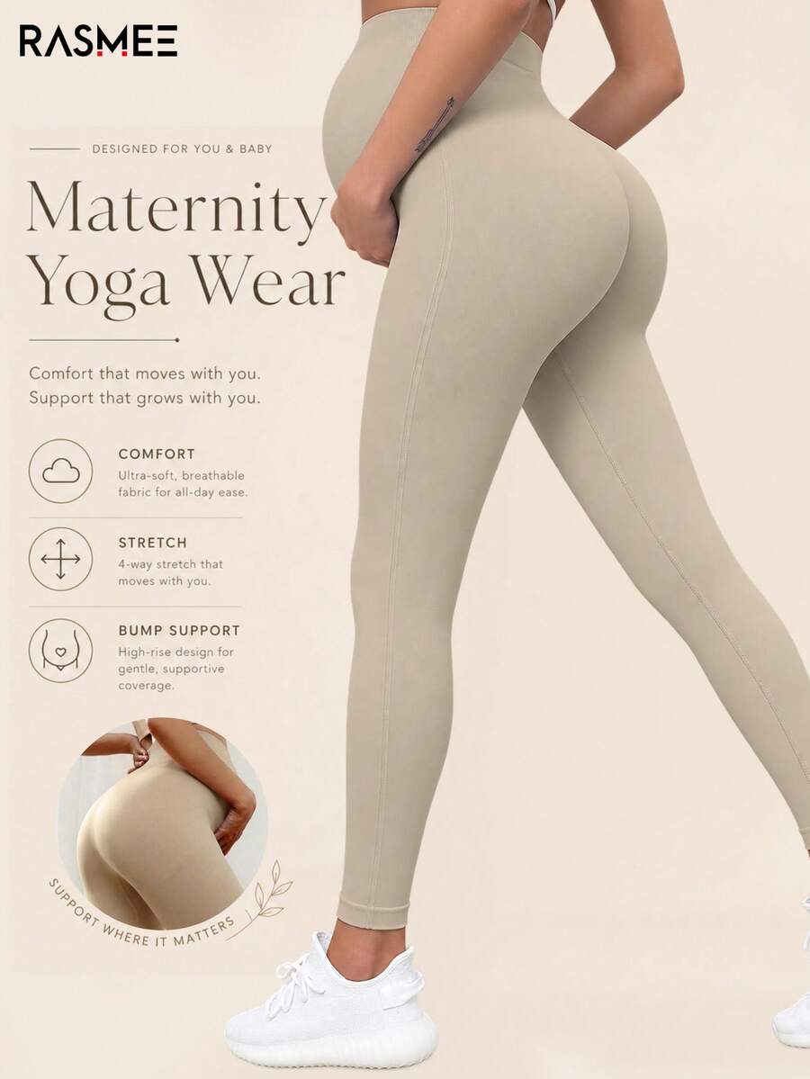 Maternity Seamless High Waist Stretchy Solid Color Tight Leggings, Suitable For Daily Casual Wear - Apricot - View 1