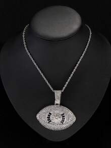 1pc Evil Eye Shaped Pendant And Rhinestone Cuban Chain Men's Fashion Popular Hip Hop Pendant Necklace - Silver - View 8