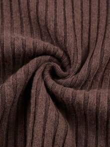 Women's French Style Ribbed Spliced Cinched Waist Lantern Long Sleeve Knit Sweater, Slim Fit Elegant Versatile Top For Office Commute Fall Winter - Coffee Brown - View 5