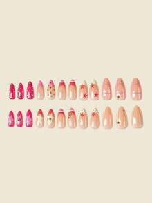 24pcs Y2K French Edge Press-On Fake Nails, Medium Almond Shape, Acrylic Star Rhinestone Design, Fashion Glossy Full Coverage Wearable Nails For Women And Girls, Party And Daily Wear - Multicolor - View 2
