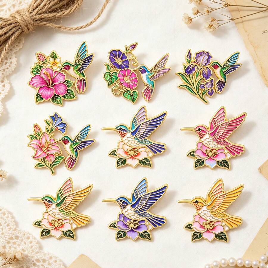 Colorful Hummingbird Flower Enamel Brooch Pin Vintage Bird Floral Lapel Badge Jewelry Accessory For Women Men Jacket Backpack