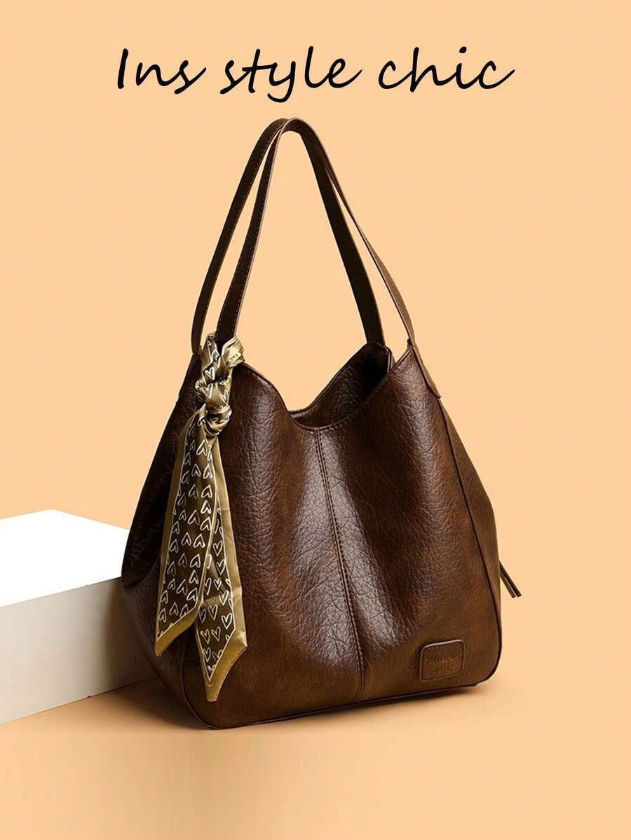 Solid Color Pleated Texture Shoulder Bag With Heart Print Scarf, Large Capacity Tote Bag For Books, Umbrellas, Water Bottles And Other Personal Items, Suitable For Daily Commute, Short Trips, Shopping And Everyday Outings - Brown - View 1
