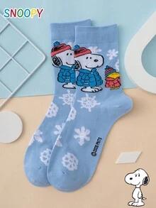 1 Pair SNOOPY Series Authentic Puppy Snowflake Pattern Fun Personalized Cartoon Men's Mid-Calf Socks, Christmas Style - Multicolor - View 4