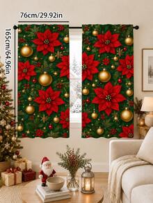 2pcs Christmas Holiday Theme Decorative Curtains, Christmas Poinsettia, Gold Christmas Ball Pattern, Suitable For Home Decor, Window Decoration, Christmas Holiday Home Atmosphere Decoration - Multicolor - View 15