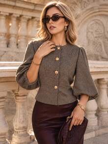 Perirose Women's Vintage Brown Puff Sleeve Jacket Round Neck Button Front Cropped Blazer Elegant Retro Long Sleeve Outerwear Fall Winter Old Money Style - Khaki - View 8