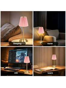 Pleated Fabric Lampshade LED Desk Lamp, Rechargeable Touch Wireless Table Lamp, Modern Metal Bedside Night Light, Home Bedroom Dining Room Decorative Atmosphere Light - One Size Fits All - View 9