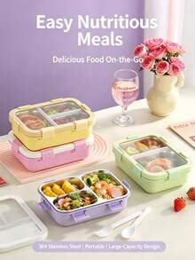 niceforyou 1pc 850ml Leak-Proof PP Or Stainless Steel Material Food Container, Includes Fork And Spoon, Macaron Color Rectangular Lunch Box With Transparent Lid, Microwave , Portable For Office, School, Picnic, All Seasons - Multicolor - View 3
