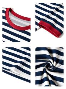 Striped Print Oversized Loose Fit Short Sleeve T-Shirt, Casual Vacation For Women Summer - Navy Blue - View 5
