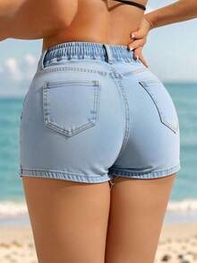 Women Denim Shorts - Baby Blue - View 4