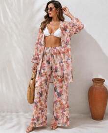 Printed Tulle Beach Cover-Up Shirt And Pants Set - 橘色葉 - 查看 1