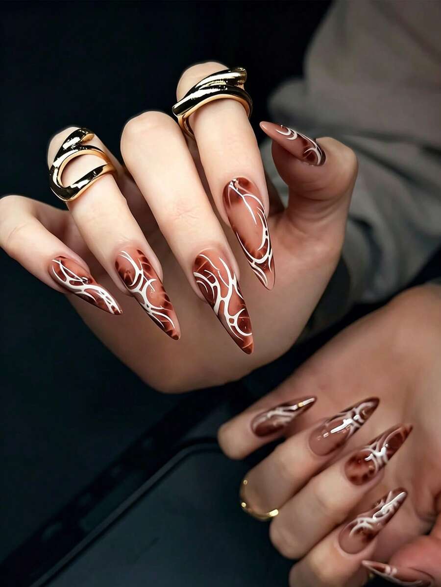24 unhas postiças compridas pontiagudas, padrão tartaruga e leopardo ...