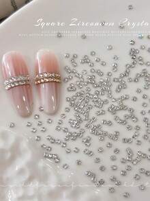 50pcs Mini Square Zirconia Flat Back Rhinestones Nail Art Decor, Sparkling Transparent White Champagne Square Rhinestones DIY Nail Art - White - View 6