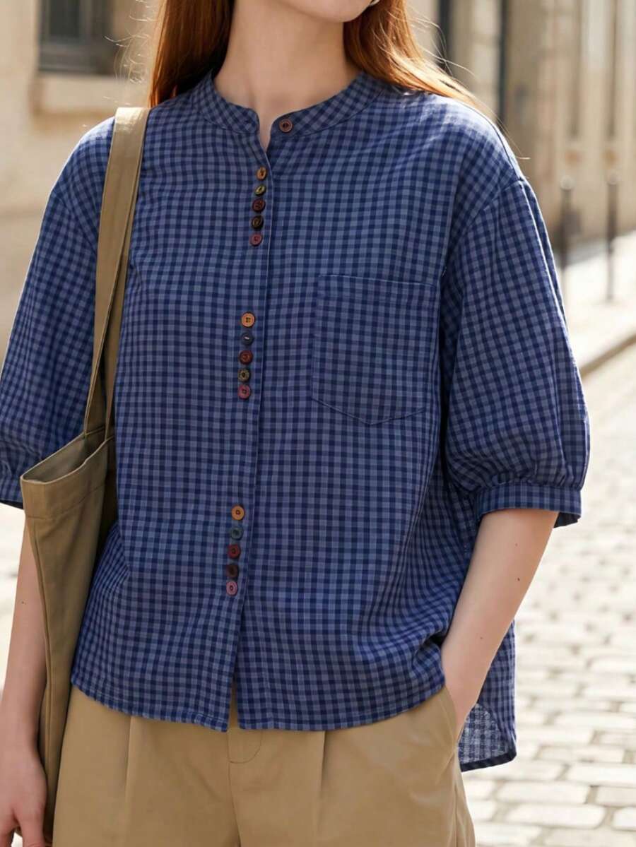 Retro Blue Plaid Button-Up Short Sleeve Shirt For Women, Summer Lightweight Puff Sleeve Loose Fit Minimalist Design Casual Commuter Top